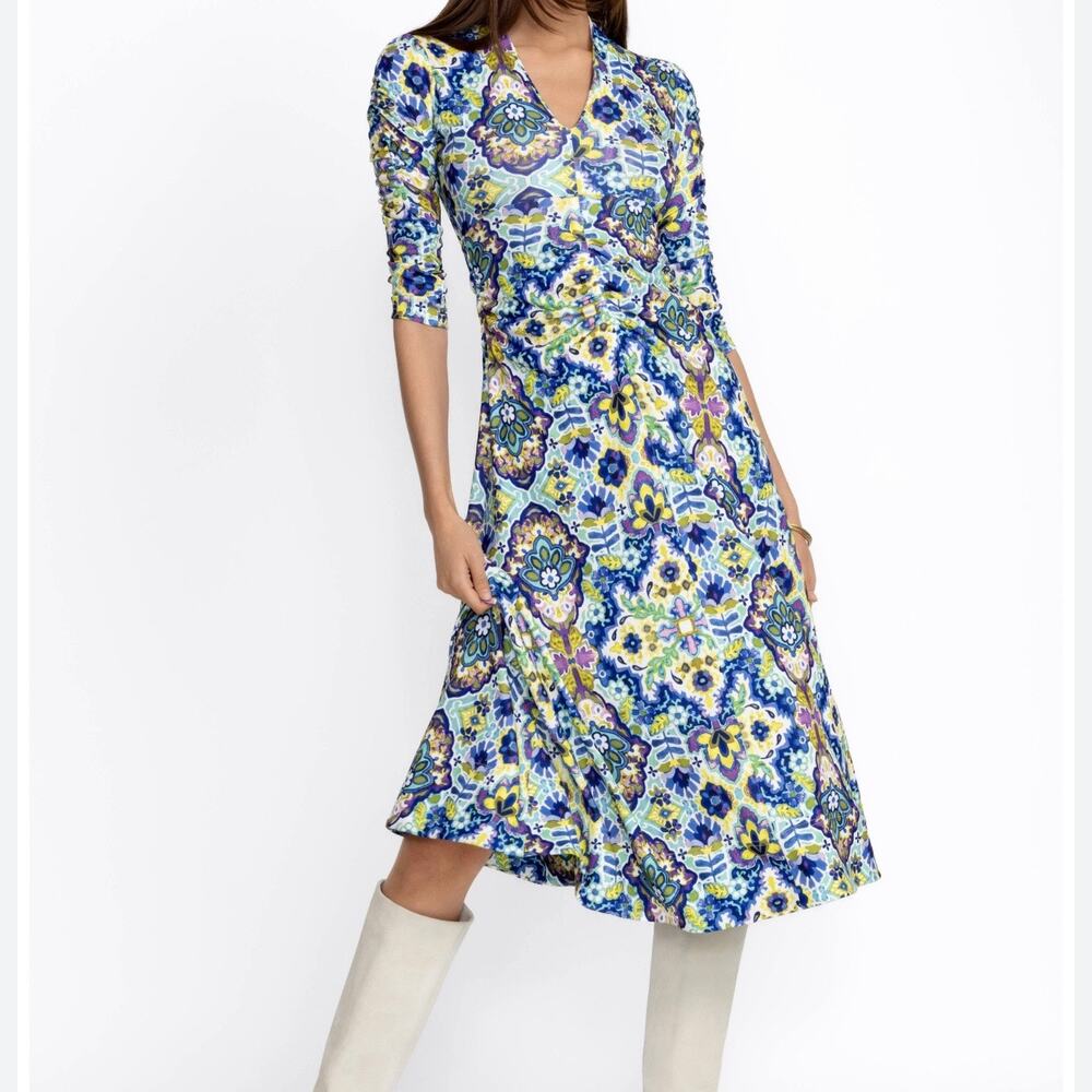 Johnny Was Kiara Geometric Floral Matte Jersey Midi Dress Women's Med Blue Green